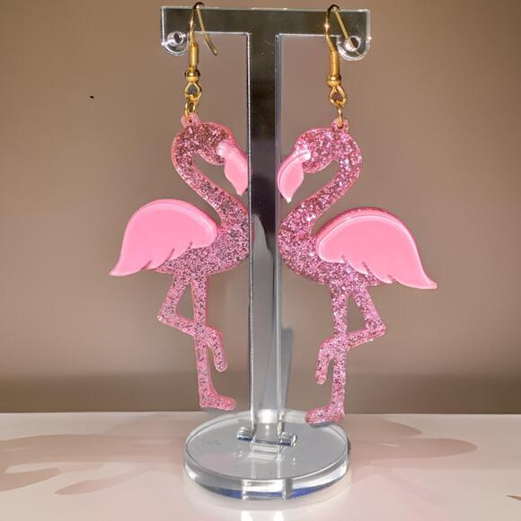New Acrylic Pink Glitter Flamingo Barbie Glam Dangle Clear‎ Crystal Earrings - Picture 1 of 2